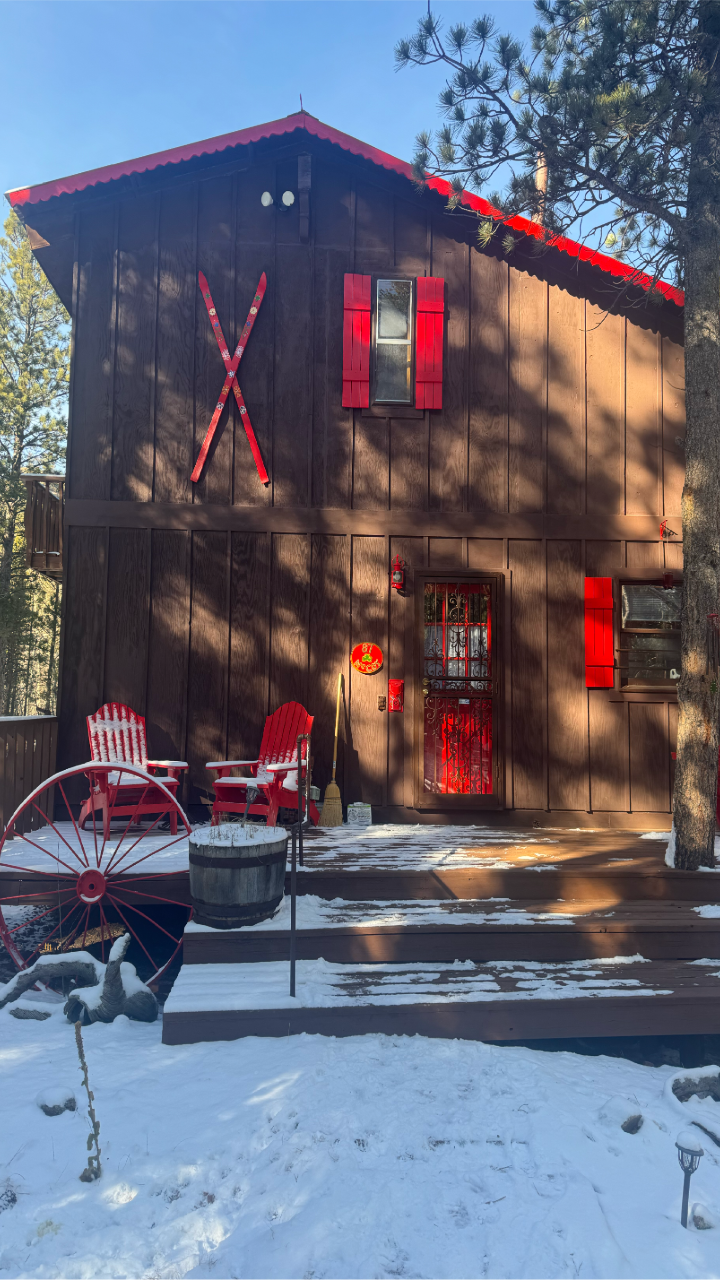A cabin with snowy steps