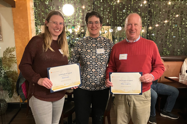 1st Place Award Global Educator Challenge Winners Mara Irons (left) and Mike Loughrin (right) received their Certificate of Award from Lale Lovell, PhD (center).